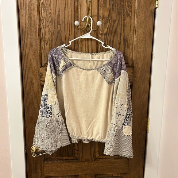 Free People In Pieces Bohemian Patchwork Top Cream and Purple Small - Picture 2 of 12